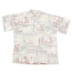 Vtg GO BAREFOOT Beach Surf Yacht Rock Reverse Print Mauve  Mens Shirt sz L /617